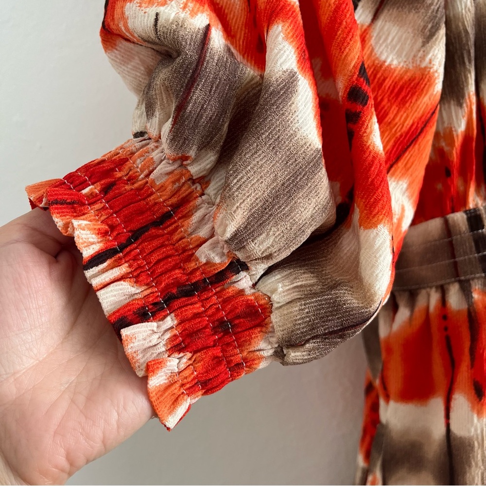 Yakira Bella Dress Tiered Ruffle Hem Size S Orange Tie Dye Boho Balloon Sleeve - Picture 6 of 11